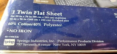 Springs Cotton Elegance 200 Thread Twin Flat Sheet, White W Blue New Sealed VTG - Image 1 of 4