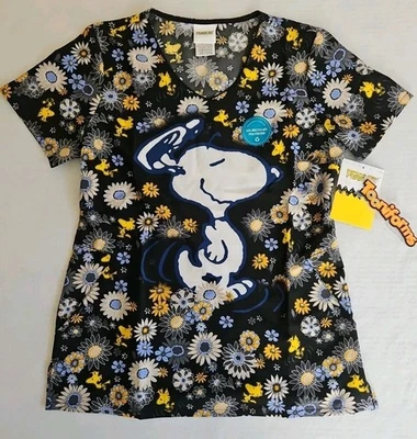 Tooniforms Peanuts Snoopy & Woodstock V Neck Medical Top Women's Size Small New - Image 1 of 4