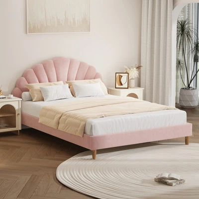 Oikiture Bed Frame Double Size Scallop-Shape Bedhead Pink Velvet - image 1 of 4