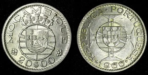 Mozambique Silver 1966 20 Escudos 1 Year Type Mint-250.000 UNC KM# 80a (28 163) - Picture 1 of 3