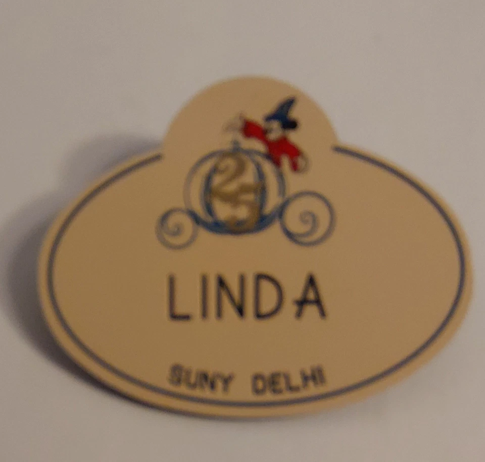 Vtg 1996 Walt Disney World WDW 25 Yr Cast Member Name Tag Pin "Linda/Suny Delhi" - Image 1 of 4
