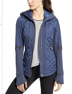 Athleta Damen Jacke blau gesteppt packbar Kapuze Rock Federn sportlich Gr. S - Bild 1 von 14