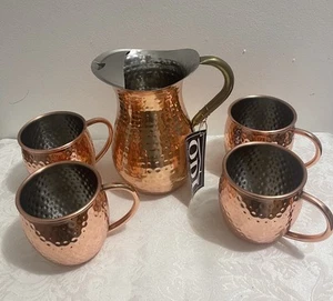 Old Dutch ODI Hammered Copper Plated Water Pitcher w/ Spout & Handle 7” & 4 Mugs - Picture 1 of 9