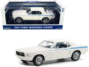 1:18 1967 Ford Mustang Coupe -- Wimbledon White w/Blue Stripes -- Greenlight - Picture 1 of 2