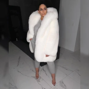 Women Full Pelt Natural White Real Fox Fur Coat Hooded Jacket Overcoat Outwear - Picture 1 of 6