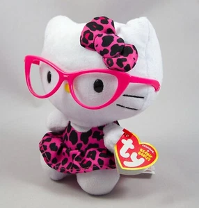 Ty Sanrio Hello Kitty 6" Plush Glasses Pink/Black Leopard Print Dress & Bow 2014 - Picture 1 of 10