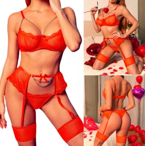 Garter Lingerie for Women Fishnet Sexy Underwire Lace Set Chain Sheer Bra Belt - Picture 1 of 51