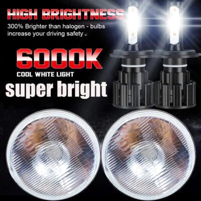 7" Stock Style H4 Glass Metal Headlight LED 8000Lm 150w Light Bulb Headlamp Pair Foto 1 de 4