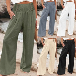 Women Wide Leg Ladies Bottoms CottonLinen Trousers Long Pants Elasticated Wais · - Picture 1 of 22