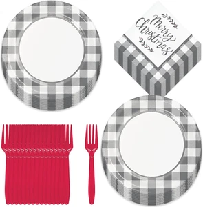 Christmas Party Gray Plaid Checkered Paper Dinner Plates, Merry Christmas Holly  - Picture 1 of 5
