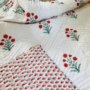 Indian Block Print Quilt Jaipuri Razai Pure Cotton Quilted Bedspread With Pillow - Picture 1 of 6