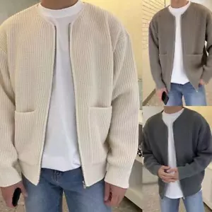 Men Zip Up Knitted Cardigan Lined Funnel Neck Jumper Sweater Pockets Coat All Se - Picture 1 of 33