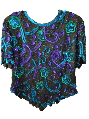 Top de seda Laurence Kazar talla XL manga corta multicolor estampado floral lentejuelas Foto 1 de 4