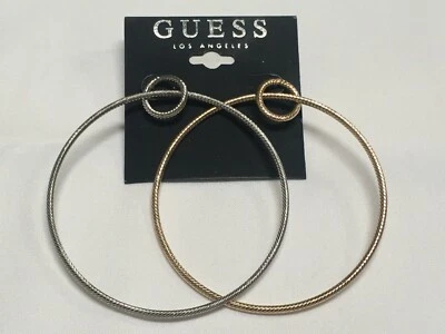 Guess Two Tone Rope Round Hoop Gold Silver Plated Earrings 2"7/8 New GS3 - Image 1 of 4