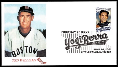 2021 Yogi Berra Forever Stamp FDC Ted Williams Red Sox Potrait Brock Cachet - Image 1 of 2