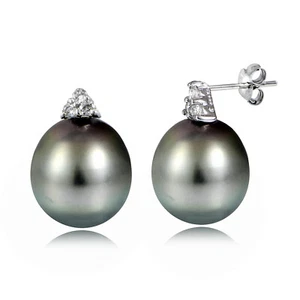 Sterling Silver 11mm Tahitian Cultured Pearl & White Topaz Stud Earrings - Picture 1 of 3