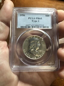 1956 Tipo 2 PCGS PR65 Franklin Mezzo Dollaro 50c Moneta Argento Proof - Foto 1 di 6