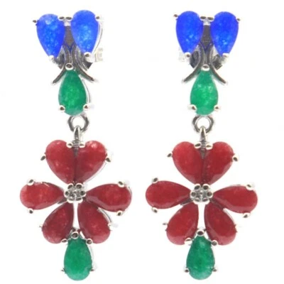 购买 3 Get 1 免费真红色红宝石蓝色蓝宝石绿色翡翠银色耳环 — 第 1/3 张图片