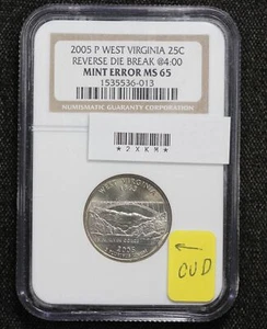 2005-P West Virginia State Quarter Reverse Die Break & Cud NGC MS-65 2XKM - Picture 1 of 5