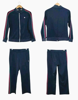 Terno de corrida esportivo feminino FILA médio azul marinho e rosa e listras verdes  - Imagem 1 de 4