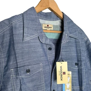 Woolrich Shirt Mens Large Blue Chambray Short Sleeve Cotton Pockets Button Up - Picture 1 of 5