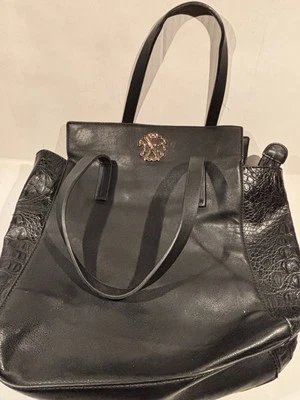 Bolso de mano Christian Lacroix negro imitación cuero forro de tela azul lados de cocodrilo Foto 1 de 4