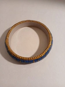 Blue Mosaic Bangle Bracelet Boho Gold Tone Glittery Textured 8 Inch - Picture 1 of 7