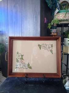 Wood Glass Vanity Serving Tray Embroidered Linen Floral Design 17x13 - Picture 1 of 5