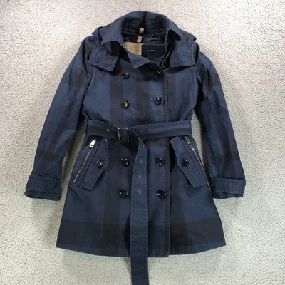 Burberry Brit Trench Coat Women 8 Blue Check Plaid Double Breast Wool Liner Hood - Image 1 of 4