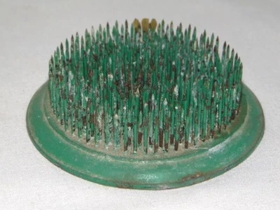 Vintage Heavy Cast Iron FLOWER FROG, Sharp Metal Spikes, Green Paint - Image 1 of 3
