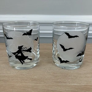 Williams Sonoma Vollmond 2 GLÄSER BECHER 3 1/2" Halloween Hexe Fledermäuse - Bild 1 von 7
