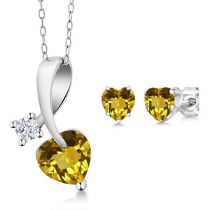 925 Silver Citrine Heart Shape Pendant and Earrings Jewelry Set For Women (2.08 - Picture 1 of 2
