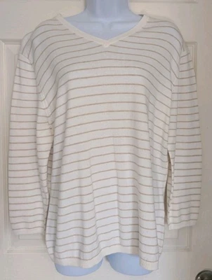 Suéter Lands’ End Blanco y Tostado Rayas Cuello en V Talla Grande 14-16 Costero Informal Foto 1 de 4