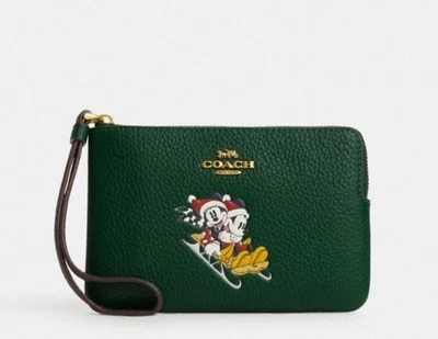 Muñequera Coach Disney con cremallera en esquina con estampado de Mickey Mouse verde pino oscuro CN025 NUEVA CON ETIQUETAS Foto 1 de 4