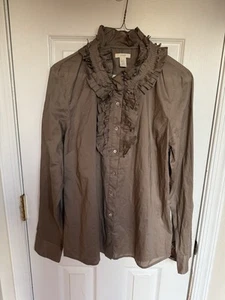 J Crew Women’s Confetti Ruffle Trim Shirt Size 12 Khaki Button Front Blouse - Picture 1 of 8