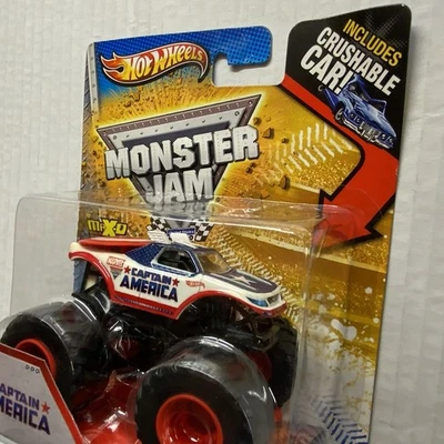Monster Jam CAPTAIN AMERICA,hot Wheels 1/64 Die Cast With Crushable Car 2013 New - Image 1 of 4
