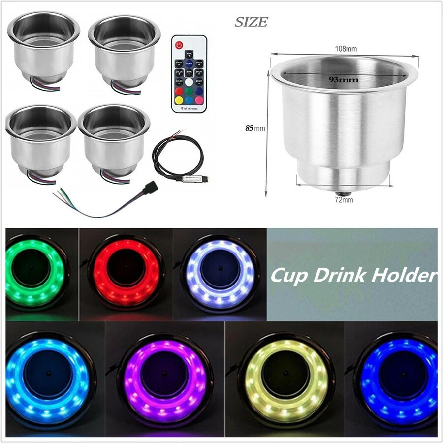4x Portavasos de Acero Inoxidable para Coche Barco Yate RGB 14LED + Kit Remoto Foto 1 de 4