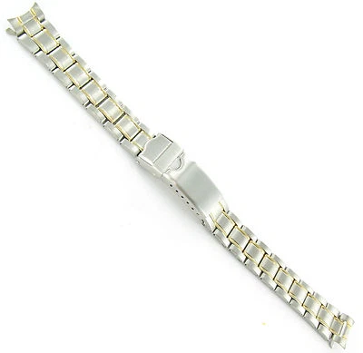 13mm T&C Stainless Curved End Silver and Gold Tone Deployment Buckle Watch Band - Image 1 of 3