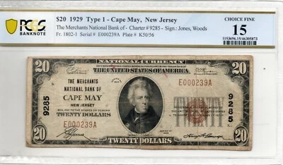 $20 1929 Cape May  New Jersey National Currency Bank Note Bill Choice Fine - Image 1 of 2