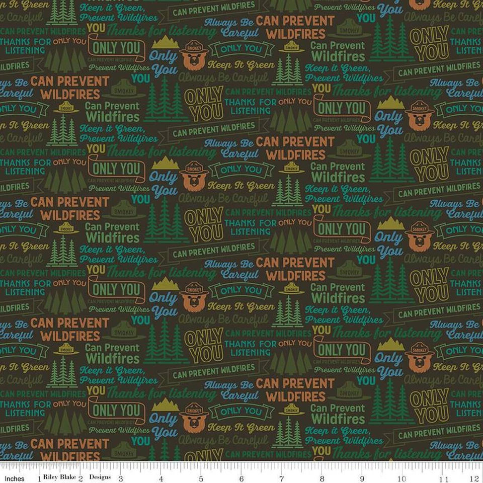 Smokey the Bear Words on Dark Brown BT Yard x 44 ancho algodón Riley Blake Foto 1 de 1