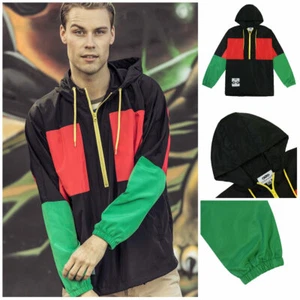 Men's Jacket Water Resistance Pullover Active Hooded Color Block Windbreaker - Picture 1 of 13