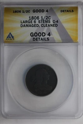 MONEDAS COLONIALES 1806 .005 ANACS BUENAS 4 DETALLES C-4 DAÑADAS, LIMPIAS 1/2C 1700S Foto 1 de 2