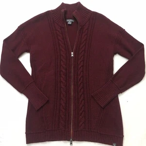 EDDIE BAUER Sweater Zip Cardigan Women M Burgundy Aran Cable Knit Mock Neck - Picture 1 of 18