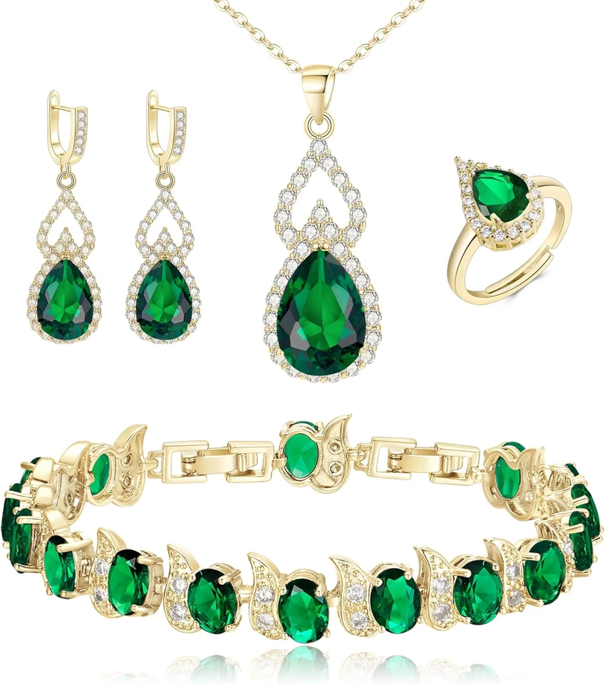 Set Di Gioielli per Donne Argento Placcato Goccia Zirconia Cubica Collana Aperta - Immagine 1 di 4