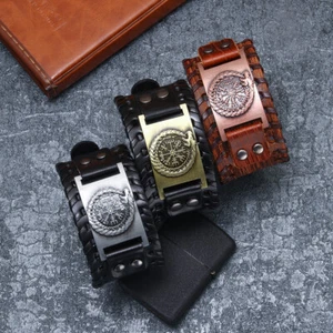 Herren Wikinger Lederarmband Schwarz Edelstahl Männer Armband Viking Breit Biker - Bild 1 von 7