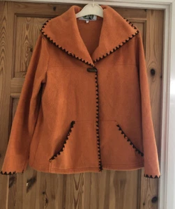 ZIN Ladies Burnt Orange Fleece Brown Embroidered Trim Toggle Detail Coat Size L - Picture 1 of 9