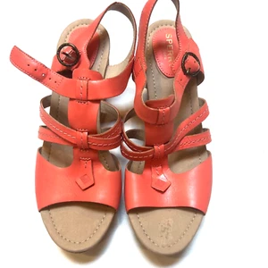 SPERRY Sandals LEATHER Top-Sider Coral 3.5” Heels Open-Toe Wedge-Size 9.5 - Picture 1 of 7