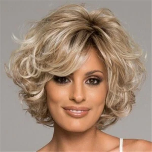 Synthetic Golden Short Hair with Bangs Wigs Synthetic Wave Natural Hair - Picture 1 of 5