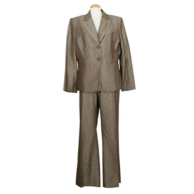TAHARI Brown Melange Linen Blend Straight Leg Pant Suit 16 - Image 1 of 4