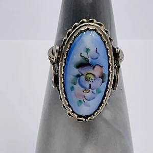 Vintage Ring Porzellan handbemalt Blumen verziert Sterlingsilber Größe 7 blau - Bild 1 von 9
